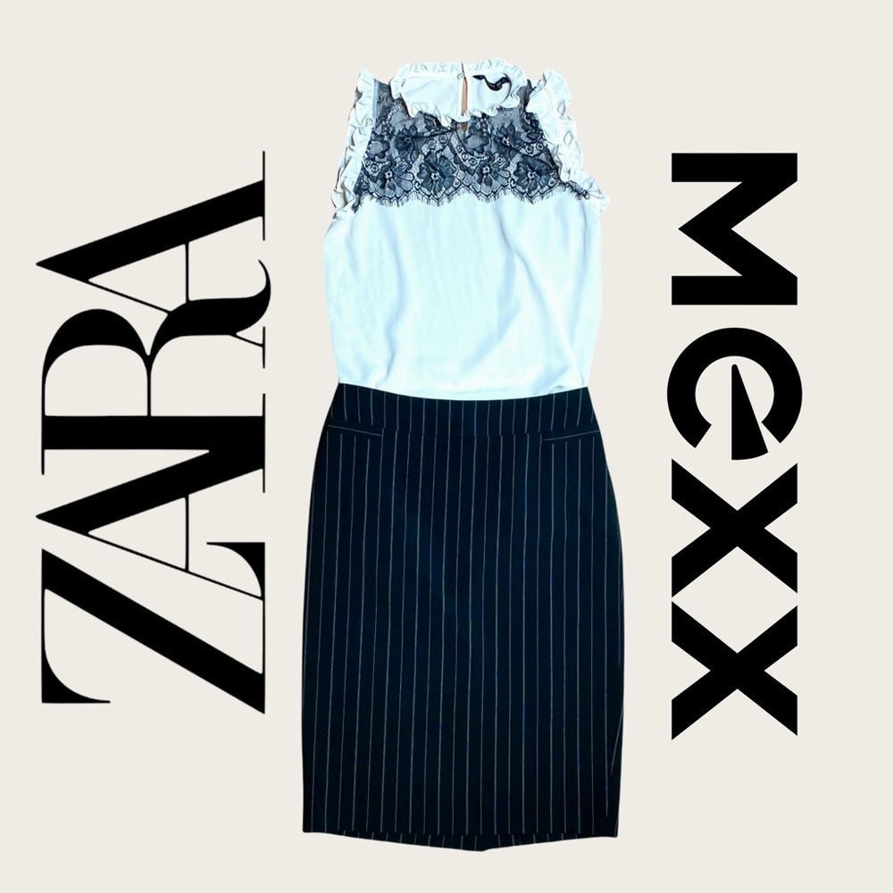 ✨ Pre-Styled Outfit ✨ Zara Lace Cream Top + Mexx Black Pinstripe Pencil Skirt XS